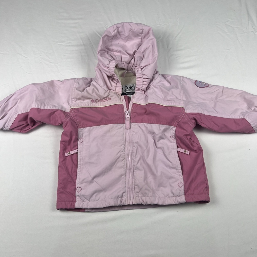 Columbia Toddler Girls Pink Fleece Lined Hooded Winter Jacket Heart Patches 2T